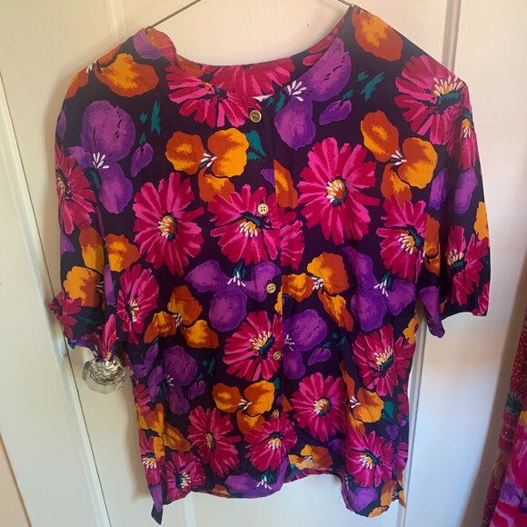 Vtg Floral Blouse Chaus Sz 10 Multicolor Floral Belt Gold Buttons Maximalist - Picture 1 of 6